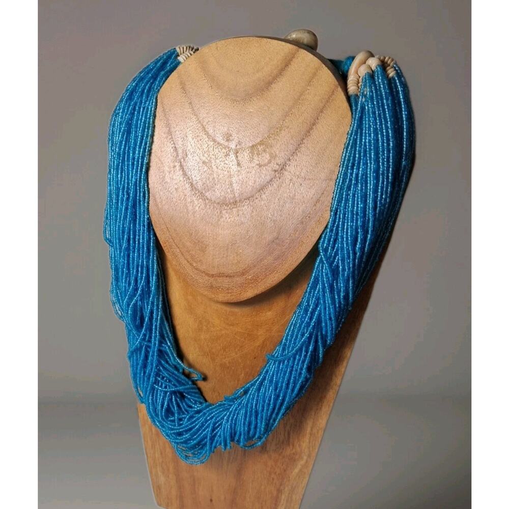 22" Inch Vintage Konyak Naga Blue Glass Necklace With Button Closure 70 Strands!